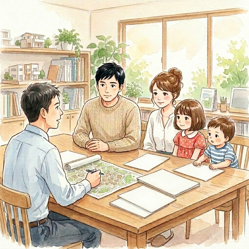 不動産仲介業者との初回面談、条件メモを広げる夫婦の水彩画