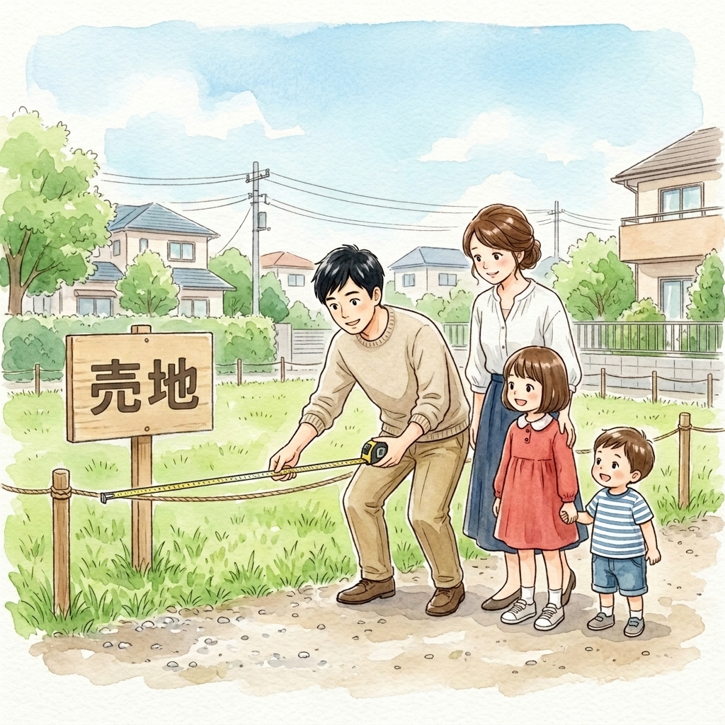 スマホの土地探しアプリ ランディ で現地見学する夫婦の水彩画