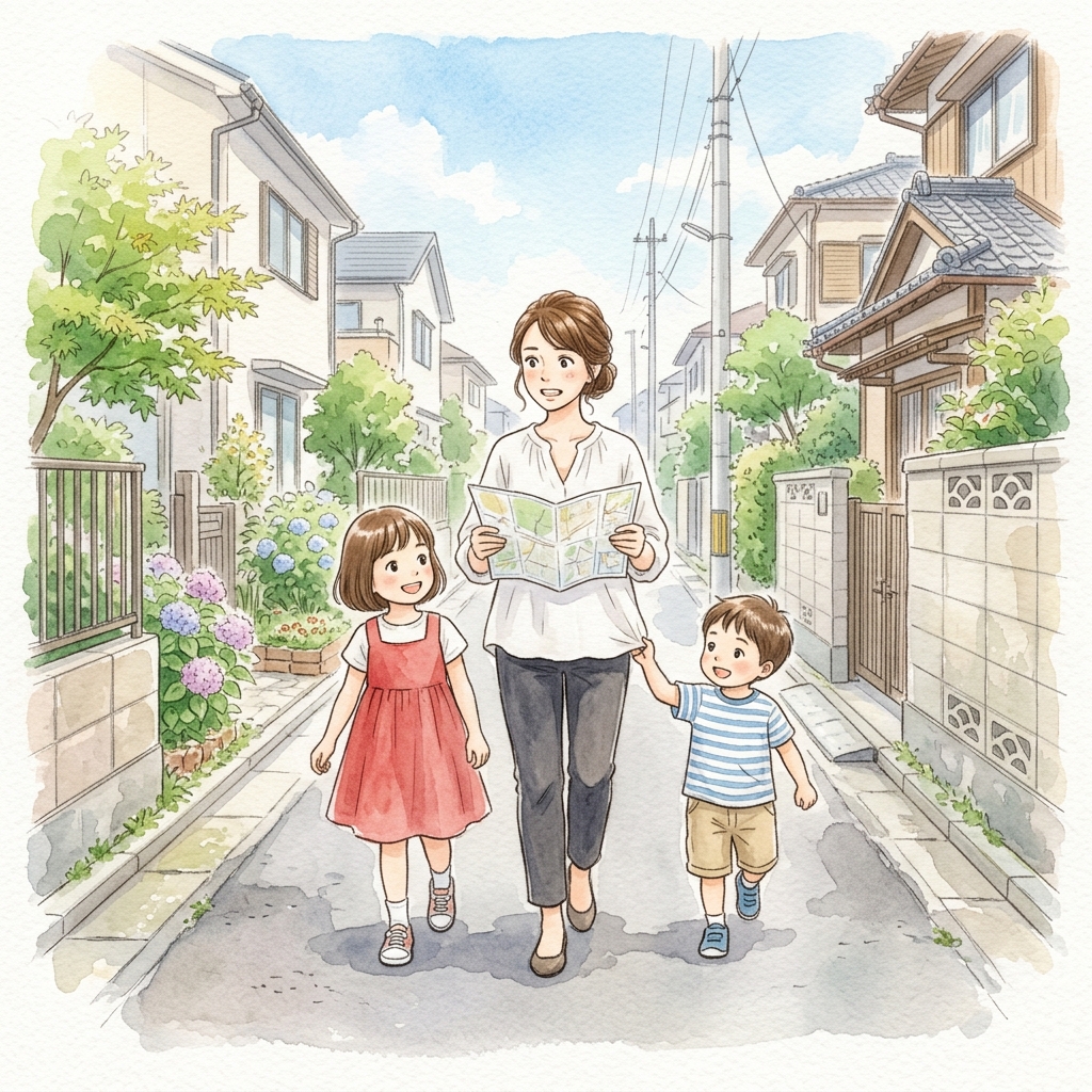 妻が1人で不動産業者を回り100坪の土地を見学する水彩画