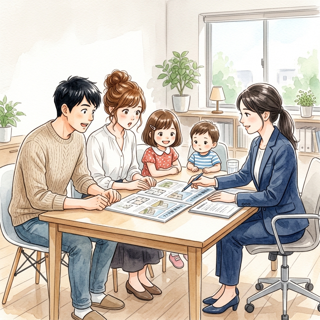 4社目の不動産業者で自社物件の資料を見る夫婦の水彩画