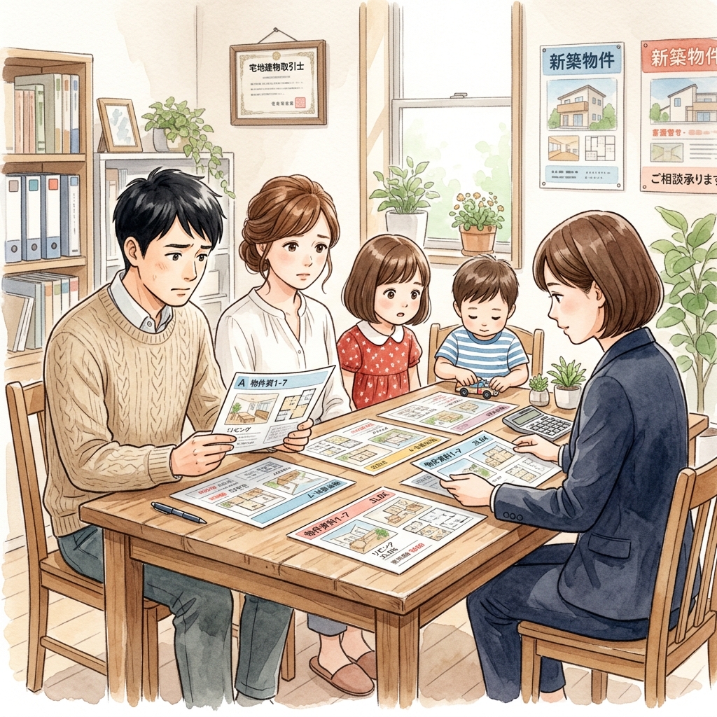 不動産業者から紹介された物件リストを見て検討済みと気付く水彩画