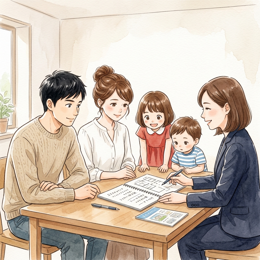 不動産業者の担当者と物件案内に向かう夫婦の水彩画