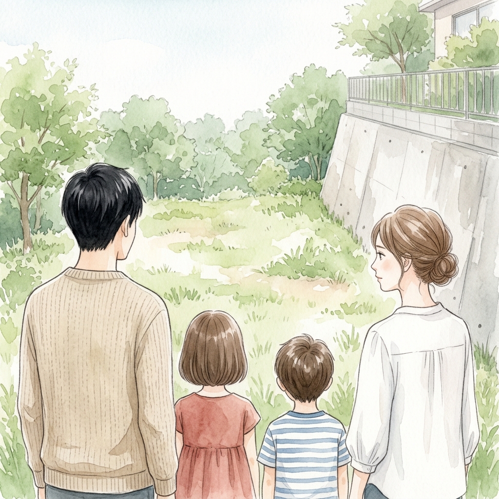 擁壁のある安い土地と水抜き穴を確認する夫婦の水彩画