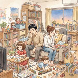 賃貸の散らかった部屋、夫婦と2人の子の水彩画、家を建てる決意