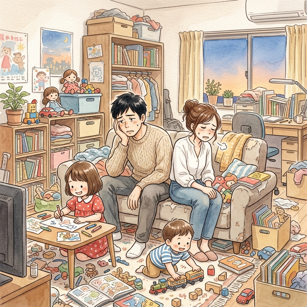 賃貸の散らかった部屋、夫婦と2人の子の水彩画、家を建てる決意
