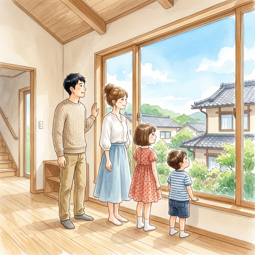28坪の完成見学会、リビングを見る家族の水彩画