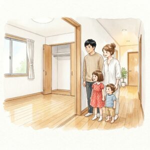 平屋見学後編、間取りメモを取る夫婦の水彩画