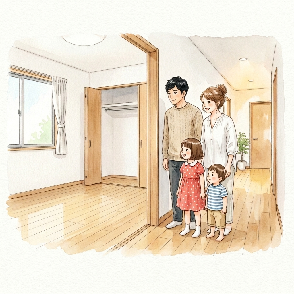 平屋見学後編、間取りメモを取る夫婦の水彩画