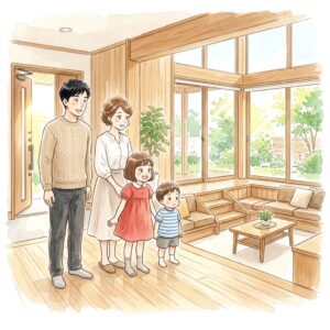 平屋の完成見学会、広いリビングと家族の水彩画
