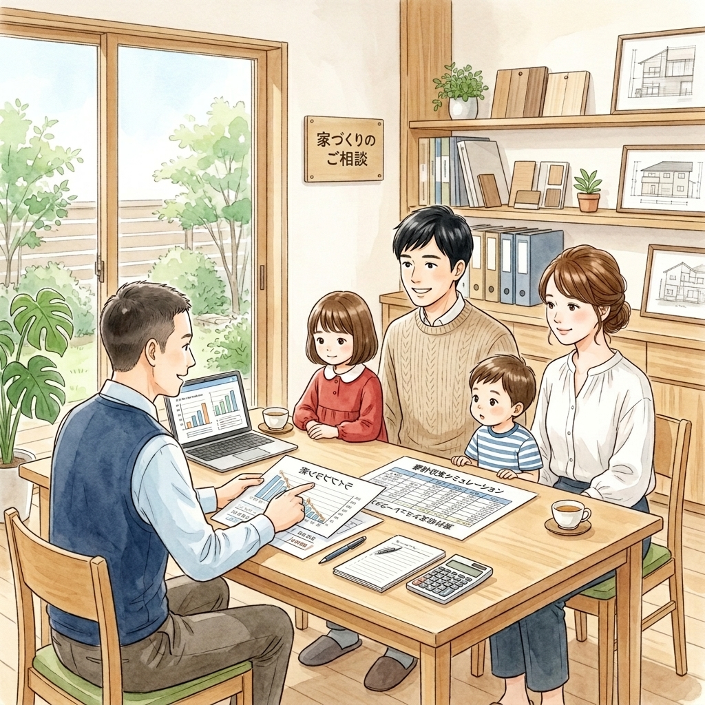 FP初回相談2時間の様子、書類と家族の水彩画