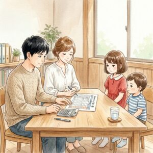 FP2回目相談後編、ライフプラン詳細を見る家族の水彩画