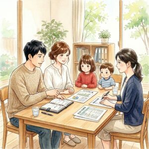 FP2回目相談、9000万円とNISAの説明を受ける夫婦の水彩画