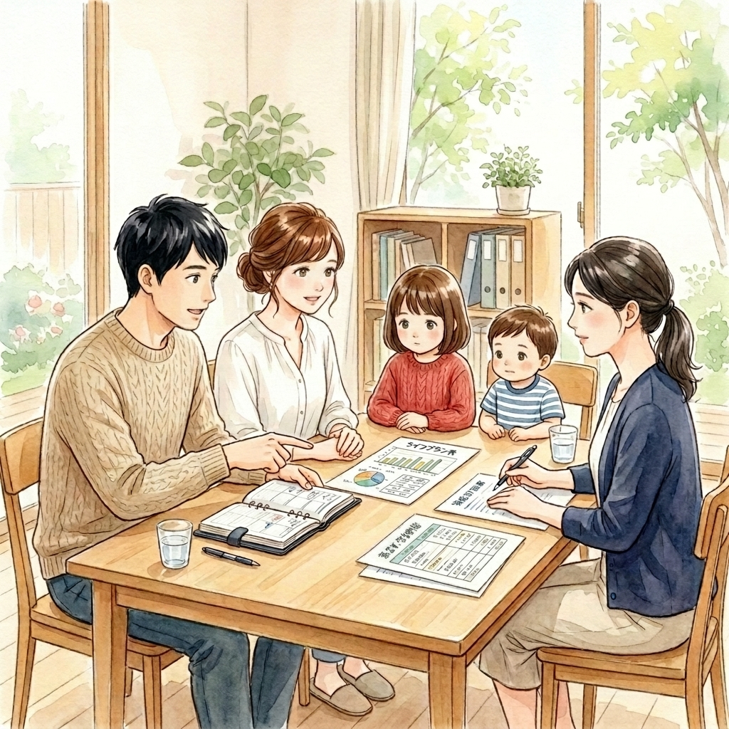 FP2回目相談、9000万円とNISAの説明を受ける夫婦の水彩画