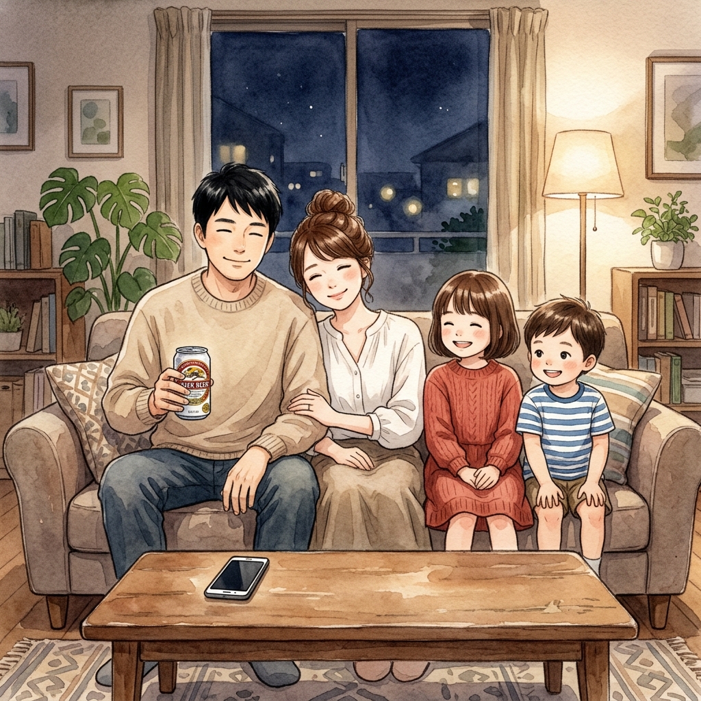 住宅ローン仮審査通過を喜ぶ家族の水彩画