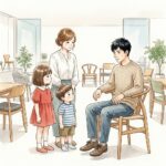Yチェアと暮らすイメージのリビング水彩画、夫婦と子ども