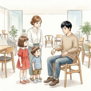 Yチェアと暮らすイメージのリビング水彩画、夫婦と子ども
