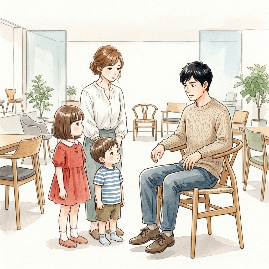 Yチェアと暮らすイメージのリビング水彩画、夫婦と子ども