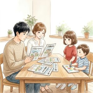 工務店・ハウスメーカー比較を考える家族の水彩画