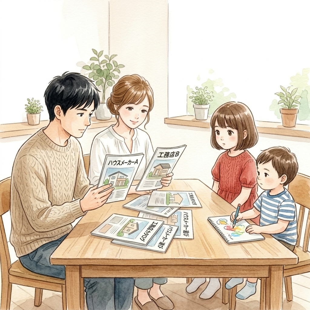 工務店・ハウスメーカー比較を考える家族の水彩画