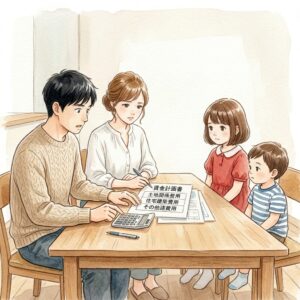 注文住宅の費用内訳を確認する家族の水彩画、電卓と書類