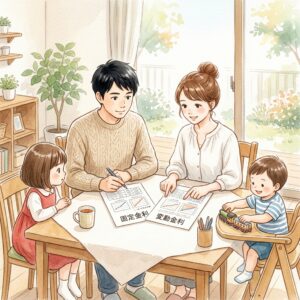 住宅ローン比較表(変動・固定・フラット35)を囲む家族の水彩画