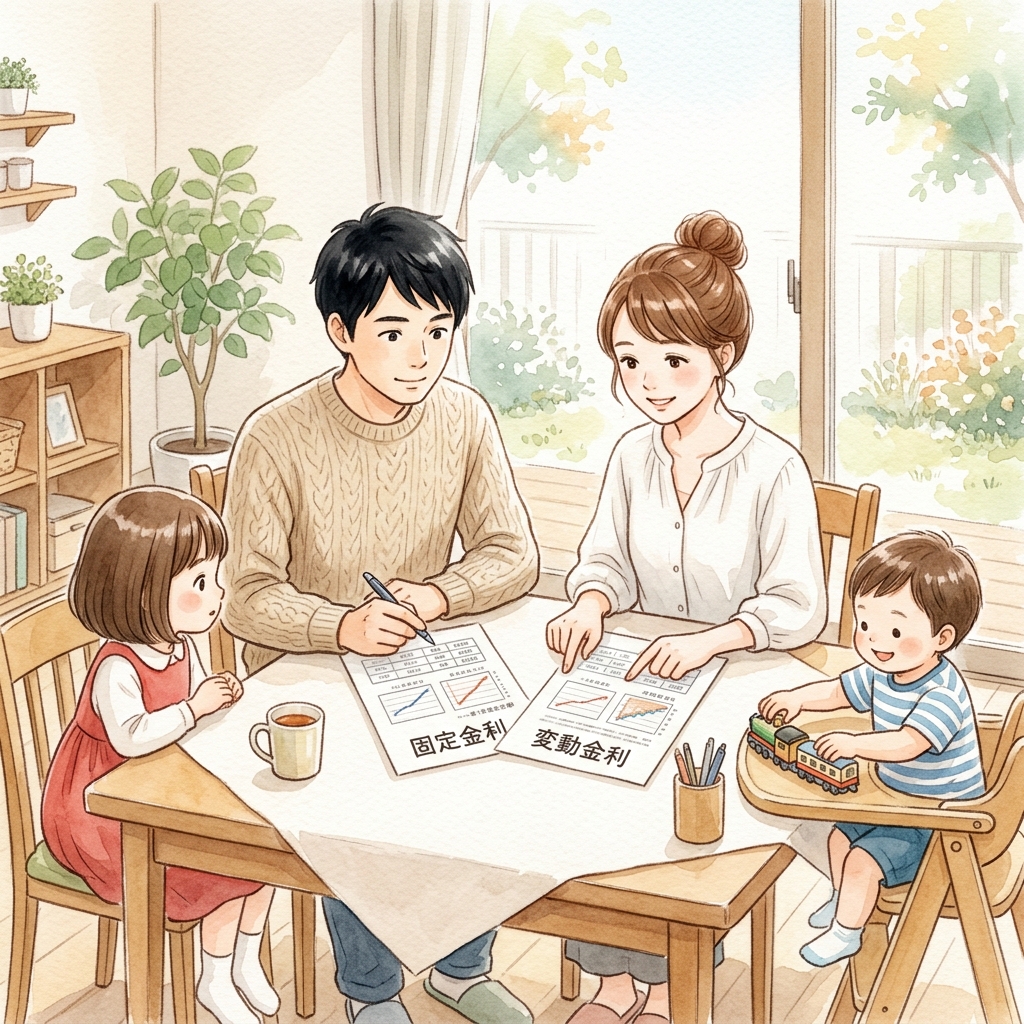 住宅ローン比較表（変動・固定・フラット35）を囲む家族の水彩画