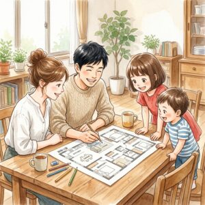 32坪の注文住宅の理想の間取り図を広げる家族の水彩画