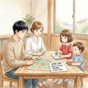 土地探しで失敗しないコツ、不動産業者4社を回る妻のメモと地図の水彩画