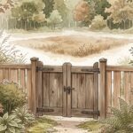 閉じた木の門と柵、その奥に更地と木立が広がる水彩イラスト