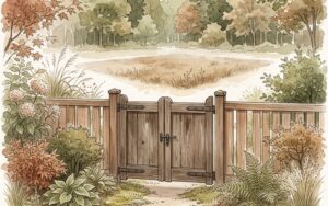 閉じた木の門と柵、その奥に更地と木立が広がる水彩イラスト
