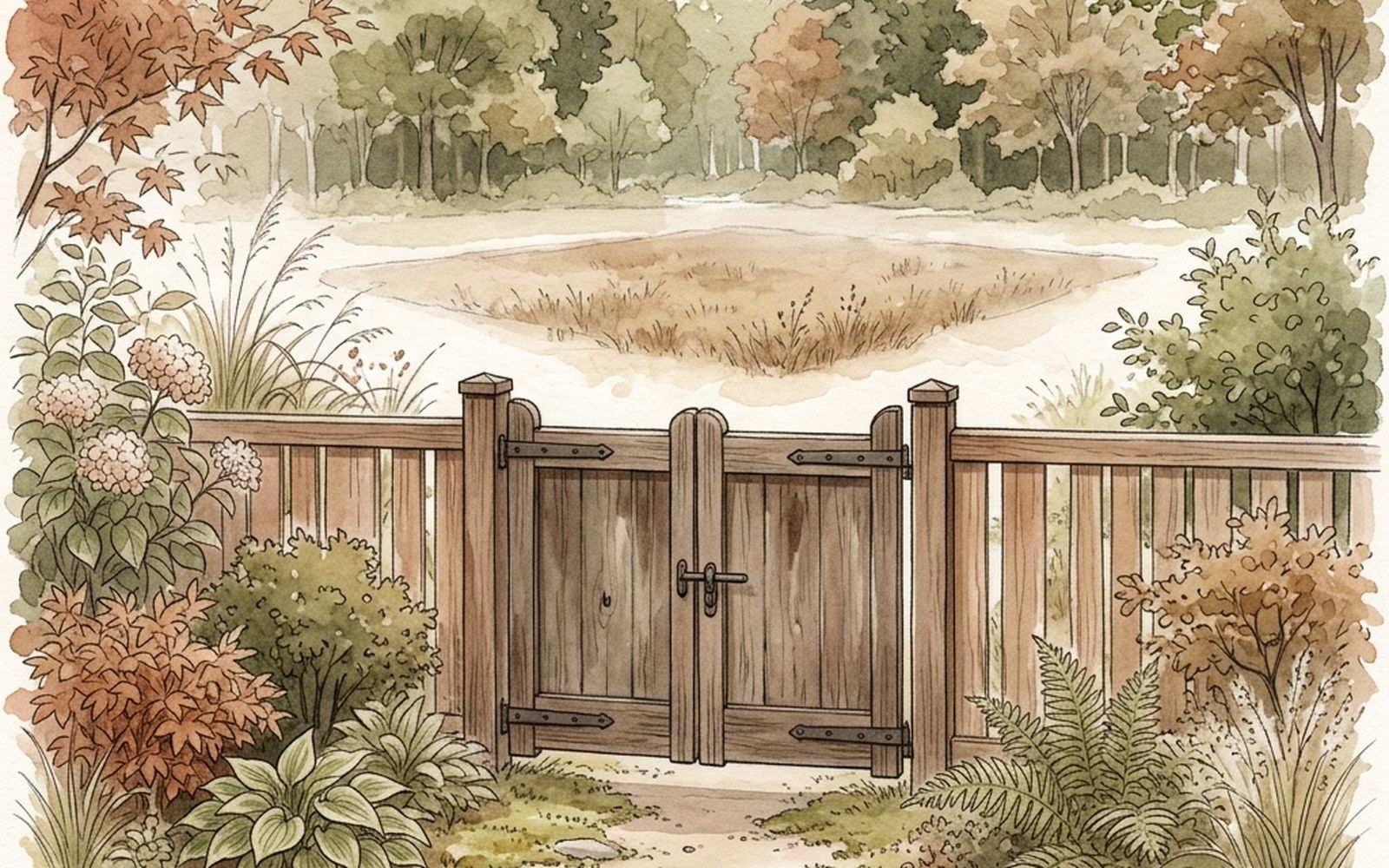 閉じた木の門と柵、その奥に更地と木立が広がる水彩イラスト