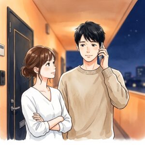 自宅の玄関前でスマートフォンを耳に当てて話す夫と、その傍らで腕を組んで聞き入る妻の水彩画